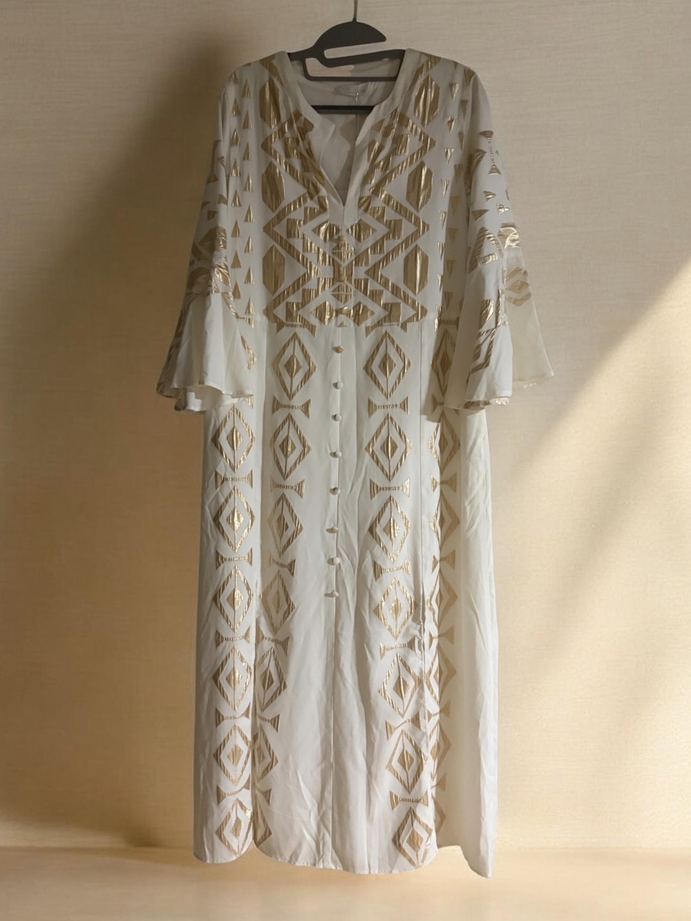 NEW Lace Boho White Maxi Dress with Gold Geometric Embroidery